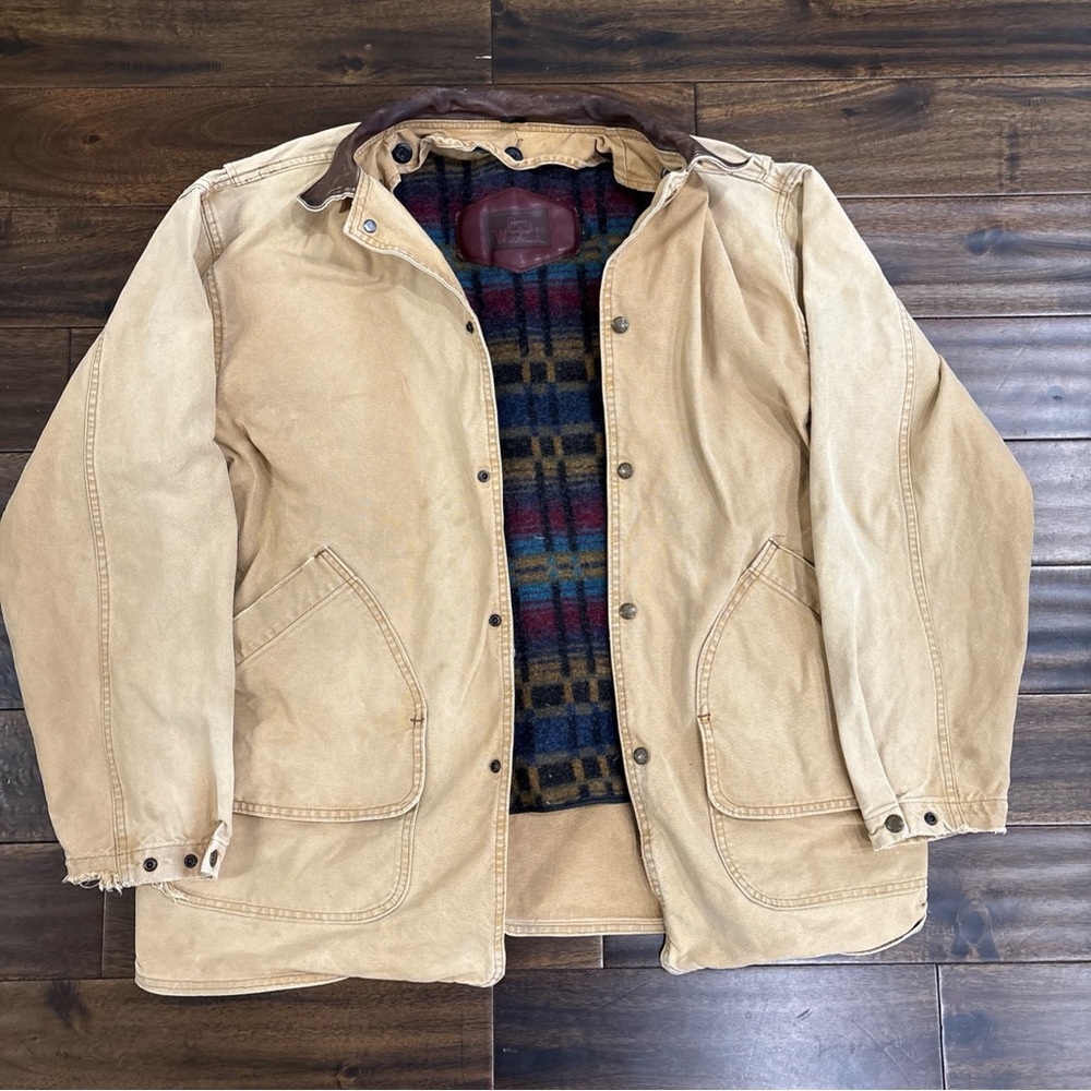 VTG Woolrich Chore Coat Large Aztec Wool Blanket-Lined Leather Collar Snap